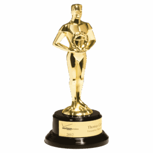 11" Cast Metal Goldtone Finish Classic Achiever Figure on a Black Piano Finish Base with a Gold Flex-Brass Plastic Plate