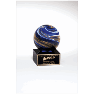 5" Globe with Blue, White and Gold Metallic on Black Glass Base with Black Laser Aluminum Plate