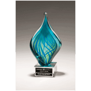 8 3/4" Blue and Green Twist Art Glass on Clear Glass Base with Black Laserable Aluminum Plate