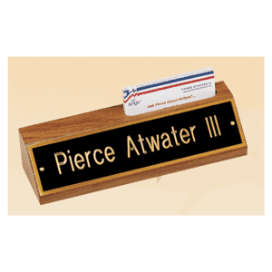8" x 1 3/4" x 2 3/8" American Walnut Nameplate with Business Card Holder with Black Plate