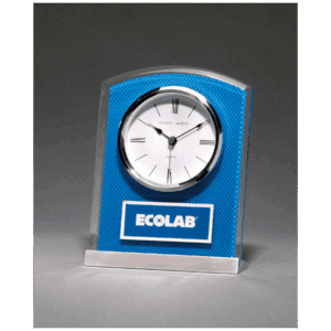 5" x 6 1/2" Glass Clock with Blue Carbon Fiber Design on Aluminum Base and Laser Engravable Plate