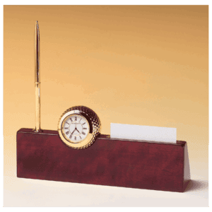 9" x 9" x 2 1/4" Gold Metal Golfball Clock on Rosewood Piano Nameplate, Business Card Holder, Pen