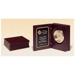 5 3/8" x 4 1/4" Hand Rubbed Mahogany Finish Book Clock w/Gold Spun Dial, 3 Hand Movement, Plate