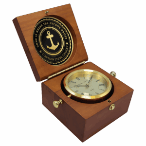 5 1/2" x 5 1/2" Mahogany Finish Captain's Clock, Brass Clock Housing, 4 1/4" Diameter Brass Disc/Plate
