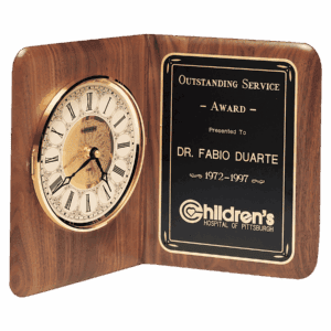 12 1/2" x 9 1/2" Walnut Quartz Book Clock, Brass Diamond Spun Bezel, Glass Lens, Ivory Dial