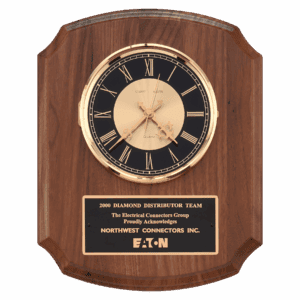 10 1/2" x 13" Walnut Quartz Clock, Brass Diamond Spun Bezel, Glass Lens, Black & Gold Dial