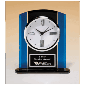 5 1/4" x 6 1/4" Black & Blue Glass Clock, Silver Bezel, Three Hand Movement with Black Plate