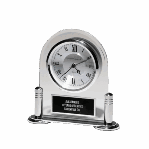 6 1/8" x 6" Desk Clock with Beveled Glass Upright, Silver Metal Base, 3 Hand Movement Black Plate