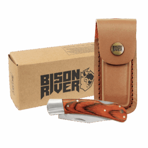 Bison River 4" Wood Folding Knife with Leather Sheath