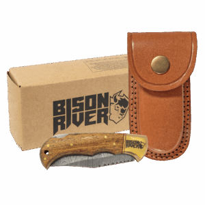 Bison River 3 3/4" Wood Folding Knife with Damascus Steel Blade and Leather Sheath