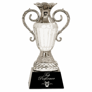 10" Crystal Cup with Silver Metal Handles on Black Pedestal Base