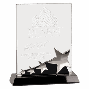 7" Rectangle Crystal with Silver Stars on Black Pedestal Base
