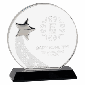 6 1/4" Round Crystal with Silver Star on Black Pedestal Base