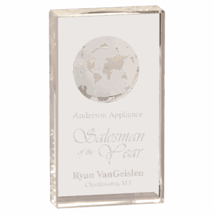 7" Clear Crystal Rectangle with Globe Etching