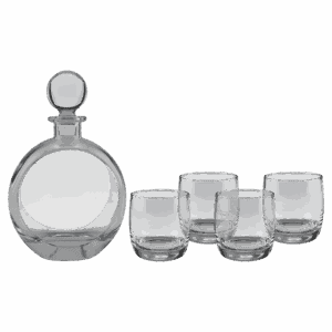 750ml Flat Round Glass Decanter Set with Four DG302S 10 oz. Rocks Glasses in Black Gift Box with Printed Paper Sleeve (Stones not Included)