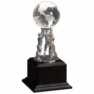10" Clear Crystal Globe with Silver Men/Stand on Black Piano Finish Base