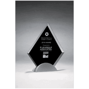 6 1/4" x 7 3/8" Diamond Shaped Glass Award, Black Silkscreen on Silver     Metal Base