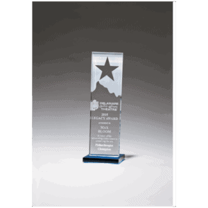 3 1/8" x 9 1/4" Etched Clear Glass Award with Star and Mountain Peak on    Blue Glass Base