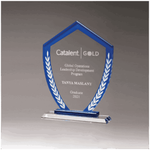 5 7/8" x 8 1/4" Shield Shaped Glass Award with Blue Border and White Laurel Leaves