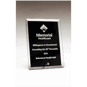 4" x 6" Clear Glass Plaque with Painted Black Background, Silv             er Plated Easel Post