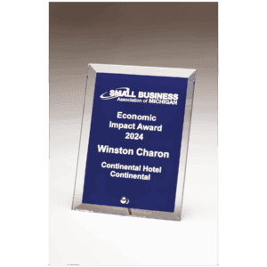5" x 7" Thick Clear Glass Plaque with Painted Blue Background, Silv        er Plated Easel Post