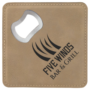 4" x 4" Square Laserable Leatherette Coaster with Bottle Opener