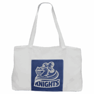 19" x 12" White Bag with 5" Blue/Silver Laserable Leatherette Gusset
