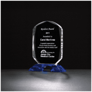 4 1/2" x 6 1/8" Diamond Series Clear Crystal Award with Cobalt Blue         Crystal Base