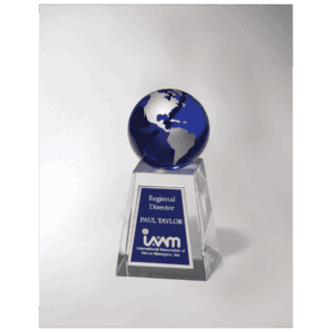 2 5/8" x 5 1/4" Crystal Trophy with Blue Globe and Blue/Silver Plate