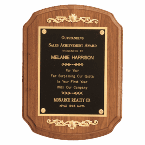 9" x 12" American Walnut Rounded, Scalloped Corner Plaque with Decorative Gold Scrolls and a Gold Border Black Laser Engravable Plate
