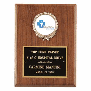 4 1/2" x 6" American Walnut Plaque with Gold Border Black Laserable Brass Plate and 2" Insert Holder- Witney Series (2" Inserts Sold Seperately)