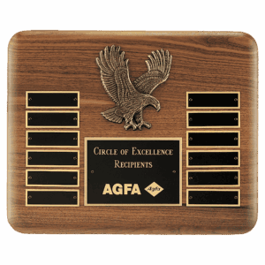 13" X 10 1/2" Solid American Walnut Plaque with Finely Detailed Antique Bronze Eagle Casting and Black LaserFX Header and 12 Perpetual Plates