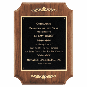 11" x 15" American Walnut Scalloped Corner Plaque with Decorative Gold Scrolls and Gold Border Black Laser Engravable Plate