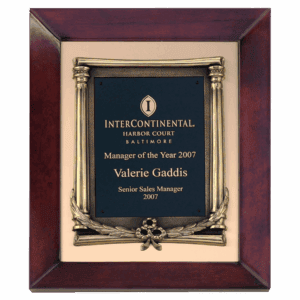12" x 15" Airflyte Cherry Finish Frame with Antique Bronze Finished Metal Frame on a Brushed Gold Metal Background with a Laserable Black Brass Plate