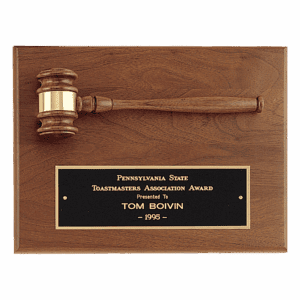 9" x 12" Solid Walnut Plaque with a Walnut Gavel, Gold Gavel Band and Black Laserable Brass Plate
