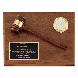 Solid Walnut Plaque with a Walnut Gavel, Gold Gavel Band, Black Laserable Brass Plate and 2" Insert Holder (Insert Sold Separately)
